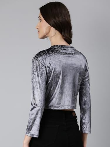 Image of SHOWOFFFF Women Shimmer Casual Top | Round Neck Full Sleeves Nylon Top's for Womens | Regular Fit Crop Tops for Women's