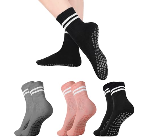 Sea Zaela Pilates Socks for Women with Non Slip Grippers Barre Socks Yoga Socks Mens Hospital Socks Sticky Socks 3 Pairs