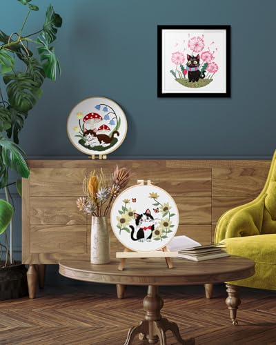 Image of TINDTOP Embroidery Kit for Adults, Cat Embroidery Practice Kit | for Beginners Include Embroidery Cloth Hoops Threads for Craft Lover Hand Stitch with Embroidery Skill Techniques