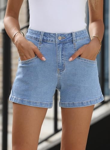 Image of Shasmi Women's High Waisted Stretch Denim Shorts - Platinum Casual Summer Jean Shorts with Pockets | Soft Breathable Cotton Blend Hot Pants for Women (Short 266)
