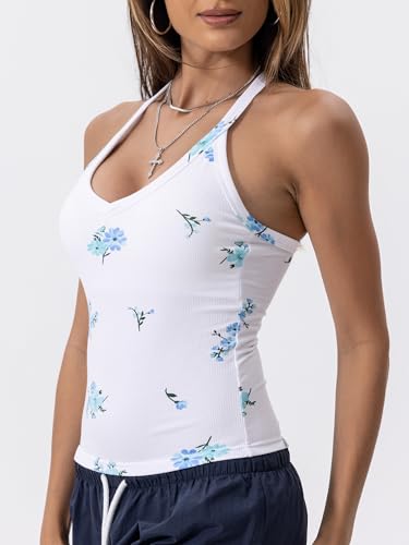 Image of Danysu V Neck Racer Back Tank Top for Women Padded Ribbed Long Tank Fitted Basic Cami Tops