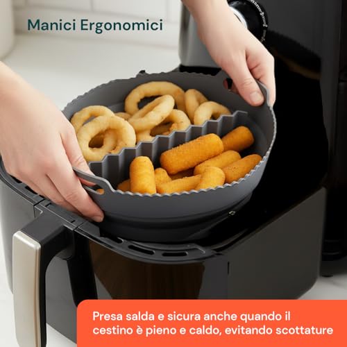 Wintem Faltbare Silikonkörbe Ø22 cm für Luftfritteuse, antihaftbeschichtet und platzsparend, ideal für gleichmäßiges Kochen, ergonomische Griffe und multifunktionale Verwendung in der Küche