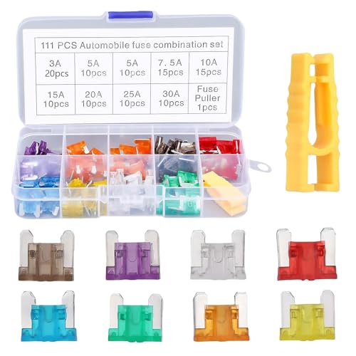 111 PCS Car Fuses Assorted Kit, Fuses Mixed Household UK Car Fuse for RV Truck Motorcycle Boat(FusE Assorted Kit: 20x3A 20x5A 15x7.5A 15x10A 10x15A 10x20A 10x25A 10x30A 1 Fuse Puller)