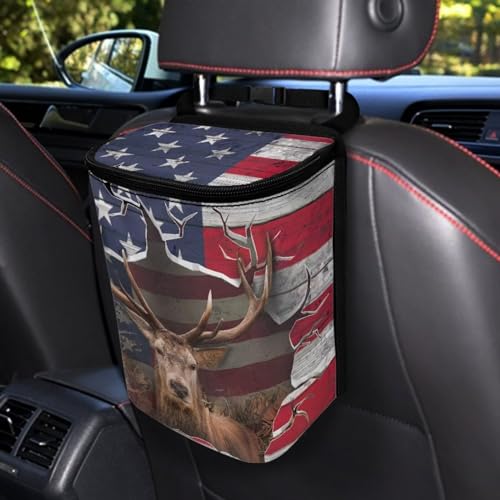 Image of Talayituse 3D Deer American Flag Print Car Trash Can with Adjustable Straps, Foldable Car Trash Bag Bin Car Garbage Bag Multipurpose Storage Box for Vehicle Travel Camping Picnicing