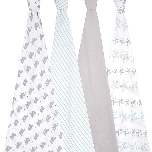 Image of aden + anais Essentials Muslin Swaddle Blankets for Baby Girls and Boys, Newborn Receiving Blanket for Swaddling, 100% Cotton Baby Swaddle Wrap, 4 Pack, Baby Star-Elephants