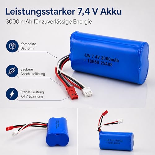 2 x 7.4V 3000-mAh 2S Li-Ion 18650 Akku mit Dual-Ladegerät, Wiederaufladbarer Akkupack Batterie m. JST BEC Stecker, RC Modellbau, Auto, Hubschrauber, Drohne, Boot, Bagger, Monstertruck, DIY, Spielzeug – Bild 3