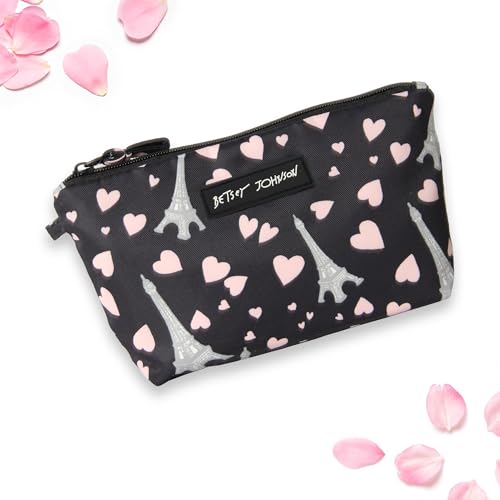 Betsey Johnson 8.5 Inch Zipper Cosmetic Pouch Small Toiletry Bag Lightweight Durable Polyester Organizer with Inner Zipped Pocket Good For Makeup Accessories and Travel Needs (Paris Love)