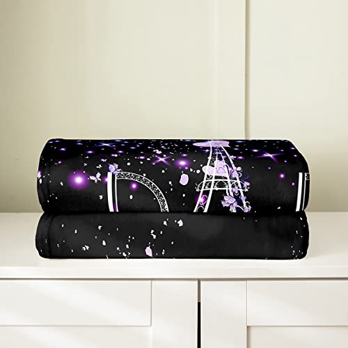 Eiffel Tower All Season Bed Blanket Glitter Paris Fleece Throw Blanket Flannel Purple Blue Sweetheart Fuzzy Blanket For Kids Boys Girls,Romantic Microfiber Plush Blanket Room Decor 40"X50" #TOP3