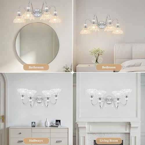 Image of Brushed Chrome Bathroom Vanity Light, 4-Light Chrome Finish Wall Sconce with Hanging Crystal Accents and Flower-Shaped Clear Glass Shades, Modern Wall Mount Vanity Light Over Mirror for Bathroom