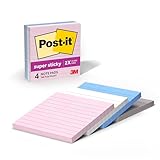Post-it Super Haftnotizen, 4 linierte Notizblöcke, 10,2 x 10,2 cm, 2 x Haftkraft, Schulbedarf und Büroprodukte, Haftnotizen für vertikale Oberflächen, Monitore, Wände und Fenster, einfach ruhig