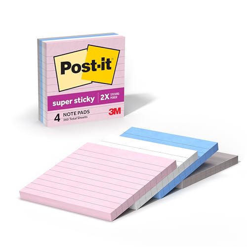 Image of Post-it Super Sticky Notes, 4 Lined Notepads, 4 x 4 Inches, Ideal for Organizing in Your Dorm, Home or Office, Simply Serene Collection