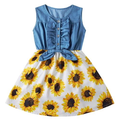 Little Girls Sleeveless Denim Dresses Casual Bowknot One-Piece Princess Sundress Tutu Skirt 2-8 Years