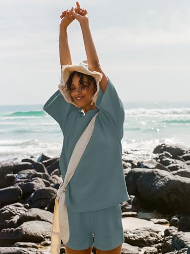 Image of Tankaneo Womens Short Sets 2 Piece Outfits 3 /4 Sleeve Tops and Elastic Waist Shorts Lounge Set Casual Loungewear