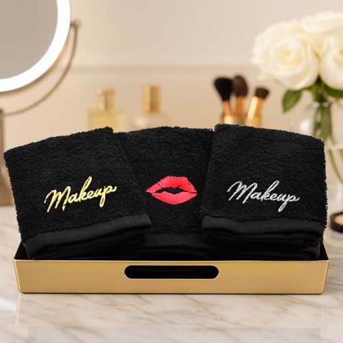 Image of DAN River Black Makeup Towels - Pack of 6 (13x13 in) - Ultra Soft Cotton Face Towels with Embroidery - Reusable, Quick-Dry & Machine Washable Makeup Remover Cloths for Bathroom, Spa & Salon
