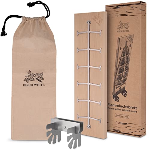 Birch White Flammlachsbrett Premium Line mit Halterung aus Edelstahl,...