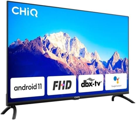 The CHiQ U55QG7L QLED TV showcasing key features like Android 11, FHD compatibility, dbx-tv audio, and integrated Google Assistant.