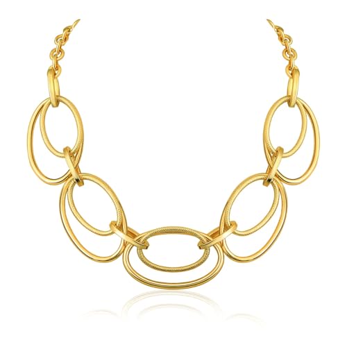 Rose Gold Layered Pendant Necklace 14k Gold Plated Loop Chain Link Statement Choker Necklace for Women Chunky Fashion Double Oval Hoop Pendant Jewelry Simple Elegant Women Gift(Rose Gold)