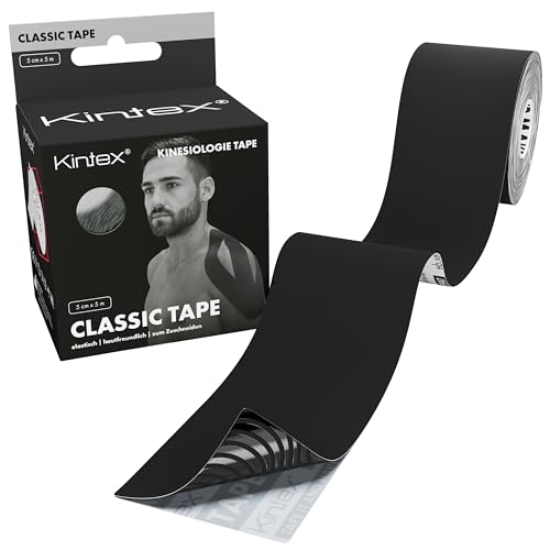 Kintex Kinesiologie-Tape Classic - selbstklebend, elastisch, wasserfest und antiallergisch - Sport- und Kinesiotape zum Einsatz bei Sportverletzungen - Schwarz - 5 cm x 5 m