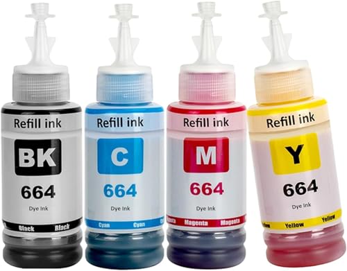 Image of ASV T664 Refill Ink Bottle Compatible for Printers L1300, L310, L361, L380, L405, L565, L365, L485, L220, L360, L130 (664-4 Color Combo) (70ml Each)