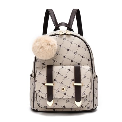I IHAYNER Girls Fashion Backpack Mini Backpack Purse for Women Teenage Girls Purses PU Leather Pompom Backpack Shoulder Bag (Khaki)