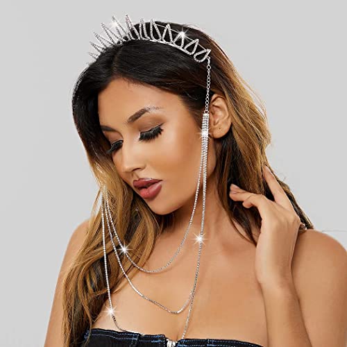 IYOU Mary Halo Crown Headband Silver Sparkly Rhinestone Goddess Headpiece Tiara Tassel Wedding Party Costume Hair Band Headwear for Women(Silver-C) - Image 3