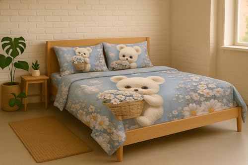 Image of King Size 7D Digital Print Bedsheet - 350 TC Cotton, Kids Friendly Design, Soft & Breathable 180 GSM Fabric, Machine Washable, Gift-Ready Packaging. (108x108 Inches). (Blue Teddy)