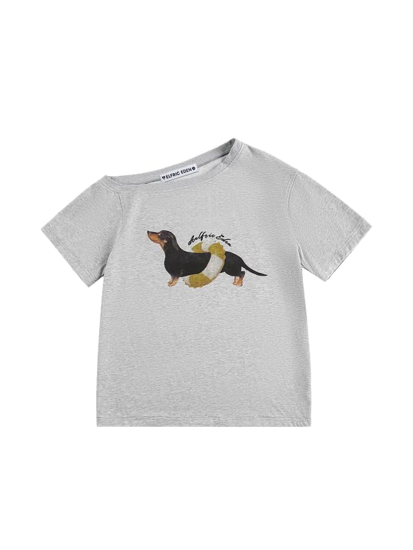 Aelfric Eden Dachshund Off Shoulder T-shirt damski z kreskówki pies t-shirt letnia górna część casualowa koszulka z krótkim rękawem basic okrągły dekolt top Y2K
