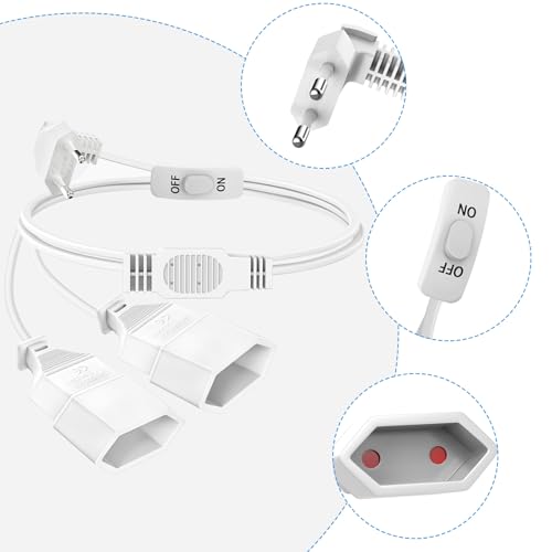 2 in 1 Verlängerungskabel Flachstecker mit Schalter 0,5M Kurzes Eurostecker Verlängerung, 90° Eurostecker, Stromkabel Flach 250V/2,5A, 0.75 mm² Typ-C Euro Buchse für TV PC Computer Monitor, Weiß