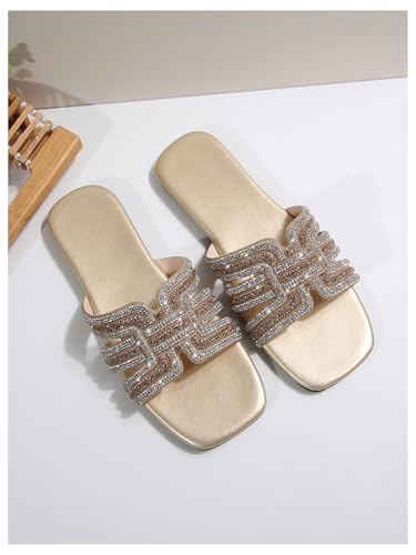 Verdusa Women's Glitter Rhinestone Sandals Summer Square Toe Slip on Flat Sandals3