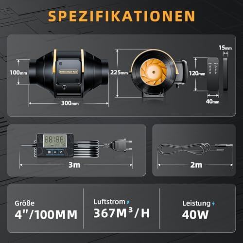 100mm Rohrventilator mit Fernbedienung, Timer Temperatur - und Feuchtigkeitsregler, Leise Rohrlüfter Reinem Doppelkugellagermotor, 367m³/h für Zelt, Gewächshaus, Lasergravierer, 3D-Drucker