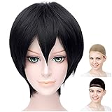 CaseEden コスプレ ウィッグ ショート 30cm 男性キャラ 耐熱 ブラック 黒髪 ウィッグネット2個セット