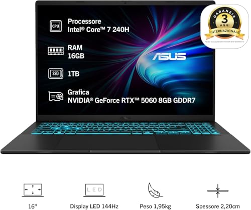 Vivobook 16 V3607VM#B0DXQDHTDN, Notebook con Monitor da 16" Anti-glare, 144Hz, Processore Intel® Core™ 7 240H, RAM 16GB, 1TB SSD, NVIDIA® GeForce RTX™ 5060 8GB GDDR7, Win 11Home, Nero - Notebook - Immagine 1