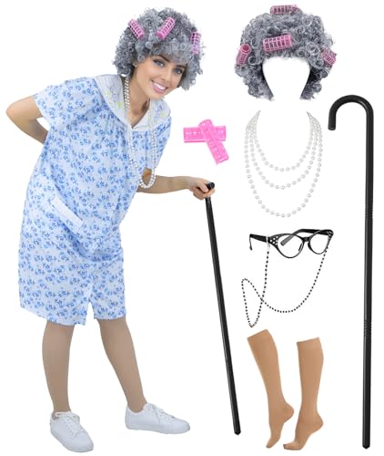Old Lady Costume for Women Adult 100 Days of School Costume Grandma Dress Up Old Lady Costume Accessories (Blue) KF031BL