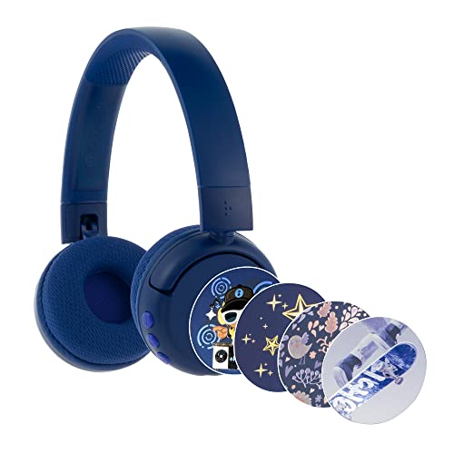 BuddyPhones POP Fun | Foldable Bluetooth Kids Headphones + Microphone, Works Wired or Wireless - SafeAudio Volume Limiting for iPhone/iPad/Tablet/PC and More (Blue)