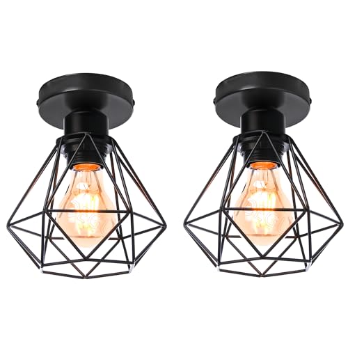 iDEGU 2 Pezzi Plafoniere Vintage Ø16CM Lampada da Soffitto Industriale in Metallo E27 Luci a Soffitto Nero Design Gabbia Retrò Lampadario a Soffitto per Cameretta, Cucina, Soggiorno Corridoio