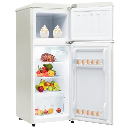 Refrigerador retro de dos puertas 92 litros congelador de 28 litros frigorífico-congelador combinado 116 kWh/año -27 °C ~13 °C iluminación LED mininevera para dormitorio color blanco
