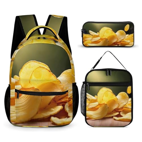 Potato Chips Backpack Set Lightweight Bag Lunch Box Pencil Bags for Women Men Bookbags 3 in 1