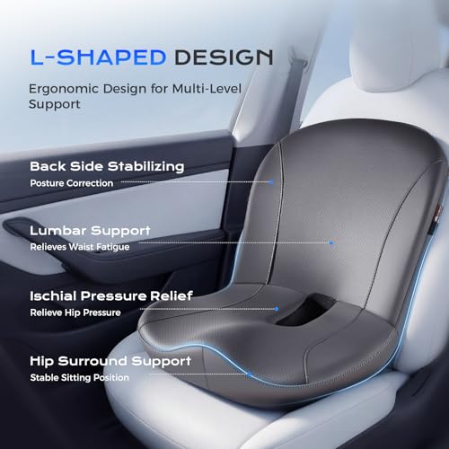 Image of Coverado Car Seat Cushion and Lumbar Support Pillow One Piece, Napa Leather Memory Foam Ergonomic Back Support Driving Seat Cushion for Back Pain, Non-Slip Washable Cushion for Car, Driver, Office