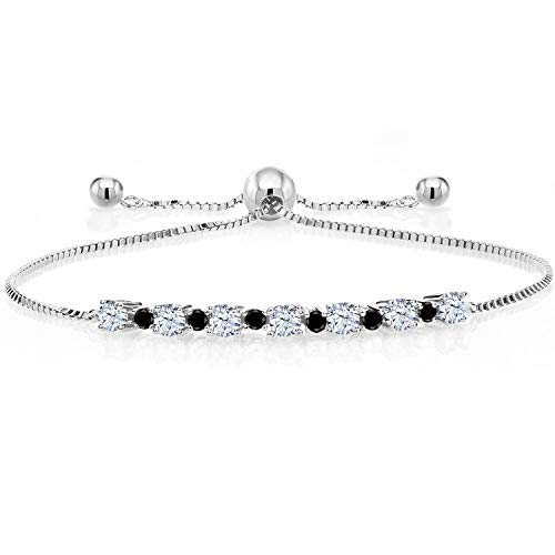 Gem Stone King 925 Sterling Silver White Created Sapphire and Black Diamond Tennis Bracelet for Women | 1.06 Cttw | Round 3MM and 1.7MM | Adjustable Bolo Bracelet For Women | Easy-On Easy-Off