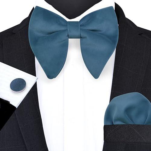 Image of GUSLESON Mens Solid Plaid Velvet Pre-tied Adjustable Bow Tie and Pocket Square Cufflink Set with Gift Box