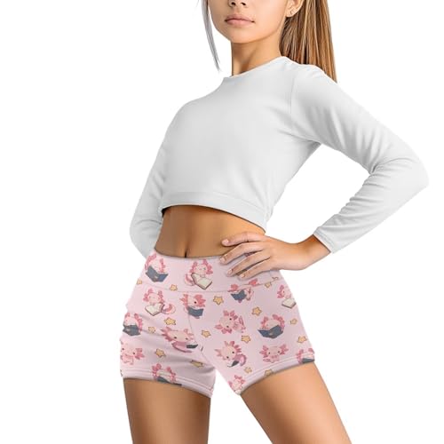 Yruonazao Girls Yoga Pants Book Axolotl Biker Shorts for Kids' High-Waist Yoga Shorts for Girls Breathable Stretchy Sports Shorts, Suitable for Ages 9-10 Dance, Fitness, and Running