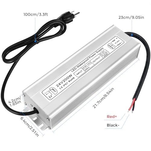 Image of LED Driver 200W 24V Power Supply, IP67 Waterproof Low Voltage Transformer, AC 90-140V to DC 24V 8.33A Converter with 3-Prong Plug 3.3 Feet Cable for Outdoor LED Lights, Industrial, Computer