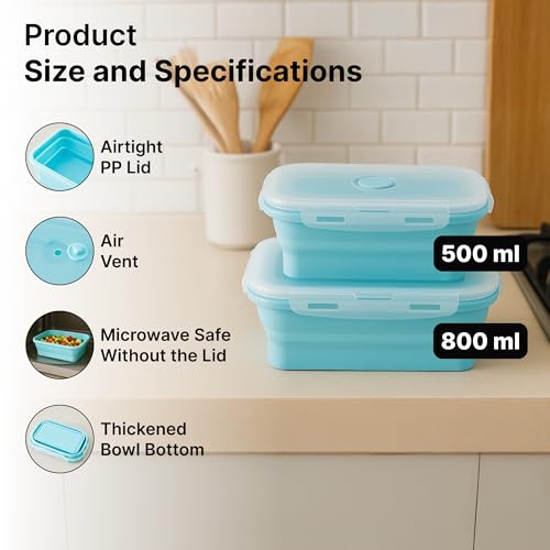 Image of The Better Home | Lunch Boxes | Food Grade Silicone | airtight lid Foldable Lunch Box for Kids | Pack of 2 | 500ml 800ml | Lightweight Microwave Safe | Blue for Office School