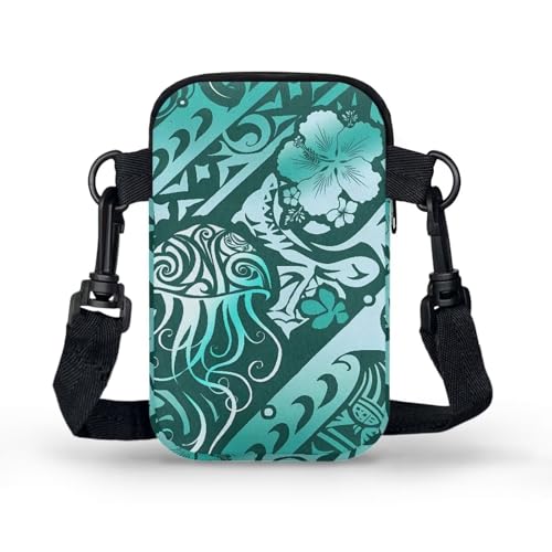 Image of Hawaiian Tribal Small Crossbody Bags for Women Cell Phone Bag Purse, Sea Turtle Zipper Sling Purses Shoulder Bag