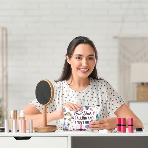 Sieral 5 Pcs New York Travel Gift New York Lover USA Themed Gifts Includes Makeup Bag Thermal Cup Keychain Mirror for Traveler Women Friend Sister Birthday Christmas Party3