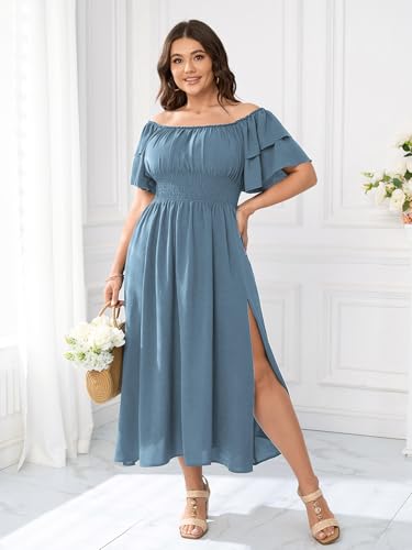 Image of Plus Size Maxi Dress Off The Shoulder Ruffle Smocked Wedding Guest Cocktail Slit Hem Flowy Dresses for Curvy Women
