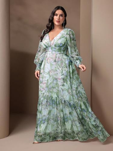 Image of Spring Summer 2024 Plus Size Womens Dresses V Neck Casual Elegant Long Sleeve Floral Print Maxi Dress
