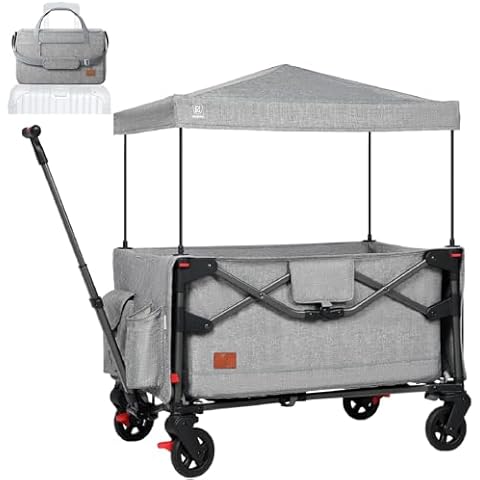 EVER ADVANCED Foldable into Bag Travel Wagon Stroller for 2 Kids & Cargo, Collapsible Toddler Wagon with Removable Canopy, Adjustable 5-Point Harness, Lightweight Carry-on Stroller for Airplane Gray Cover