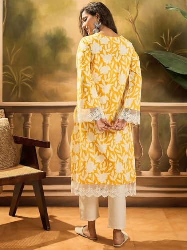 Image of Women's Floral Printed Cotton Afgani Kurta with Lace Detail Full Sleeves