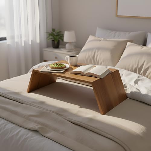 Image of Wooden Bed Table: Rustic Foldable Breakfast & Laptop Serving Tray | Multipurpose Portable Desk
